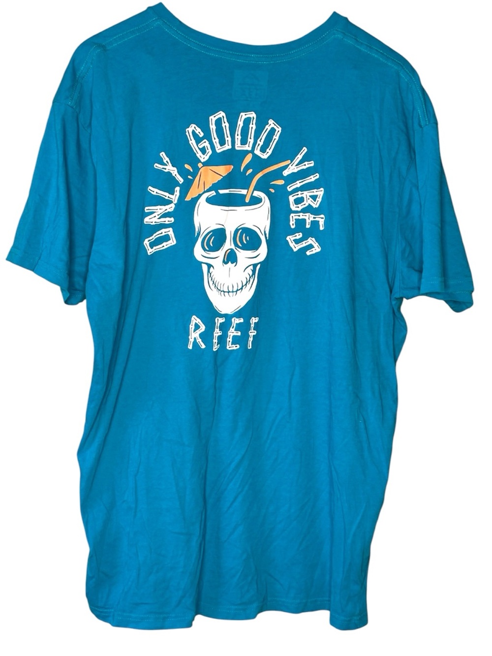 💚Reef Only Good Vibes Skull Graphic T-Shirt Blue Beach Surf 
Mens XL